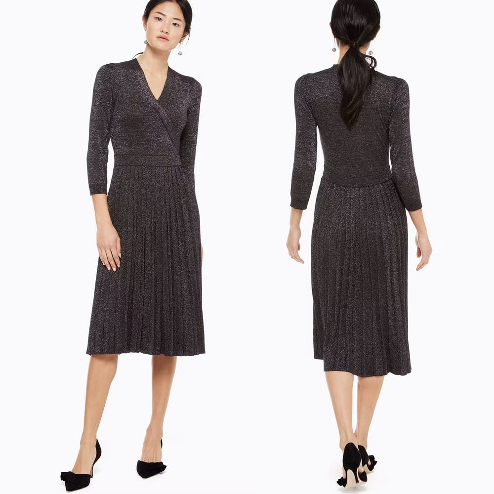 kate spade new york Metallic Wrap Sweater Dress Pleated Silver - Size M